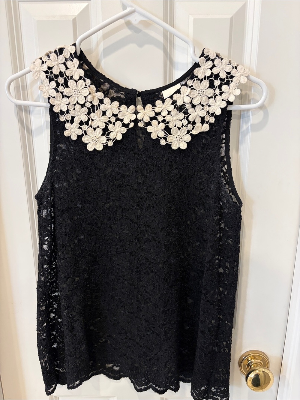 Elodie Black Lace Tank Top with Cream Floral Collar